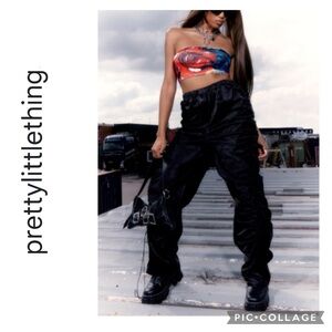 NEW PRETTYLITTLETHING BLACK SATIN EXTREME RUCHED DETAIL CARGO PANTS FREE TOP